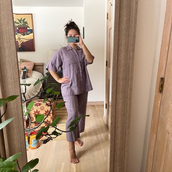 Flax Pants - FLAX 2 Piece Set 1 x Button Up Short Sleeve Collared Shirt (Size Small) 1 x Elas